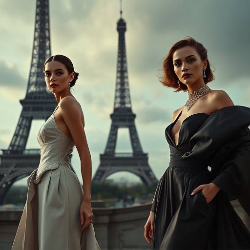 Affiche de la série Haute Couture, montrant des mannequins dans des créations de mode élégantes avec la Tour Eiffel en arrière-plan.